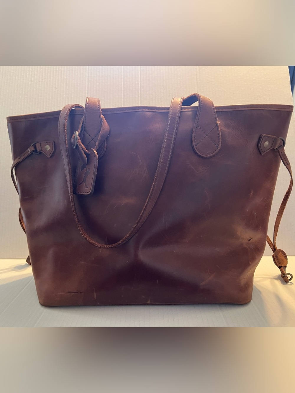 Baseballism Alison chocolate leather tote bag with 🌻 sunflower print lining
